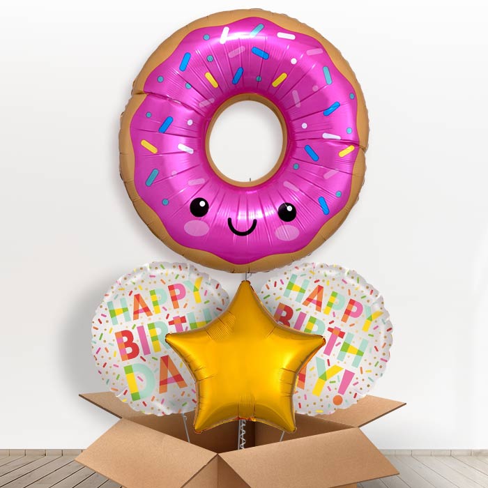 Giant Donut Helium Balloon in a Box-1 x Giant Balloon and 2 Themed Balloons and 1 Plain Balloon 