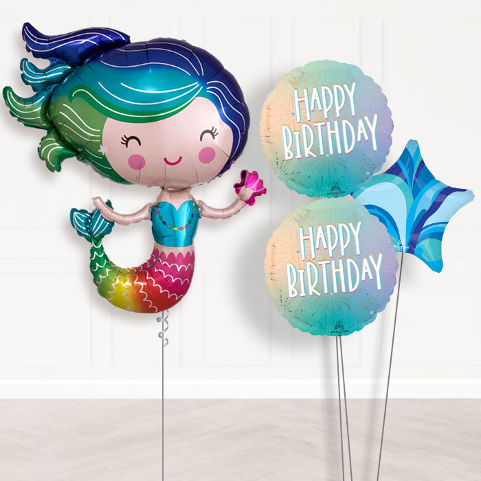 Colorful Mermaid Balloon Bouquet Delivery-Giant Balloon + 2 Themed Balloons + 1 Plain Balloon 