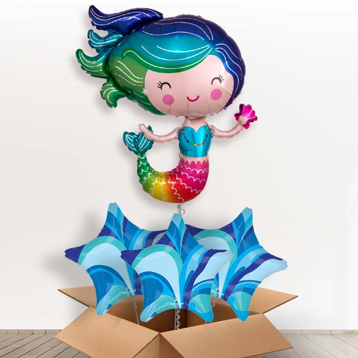 Colorful Mermaid Helium Balloon in a Box - with 3 Plain Balloons | Party Save Smile