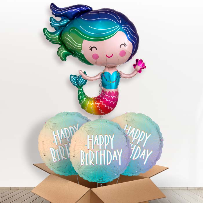 Colorful Mermaid Helium Balloon in a Box - with 3 Themed Balloons | Party Save Smile