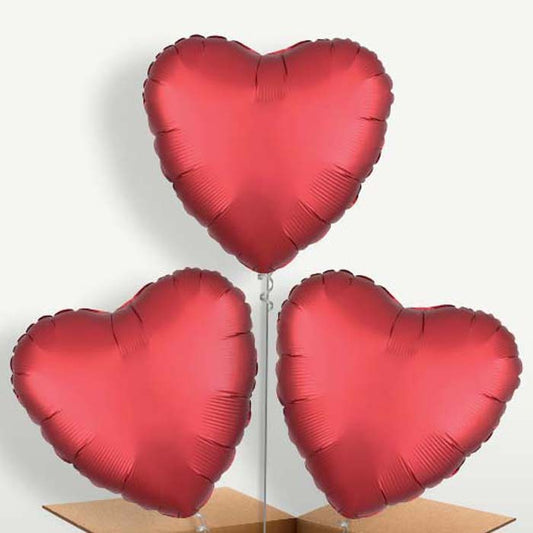 Red Satin Heart Trio Balloon Bunch inflated with Helium | Party Save Smile