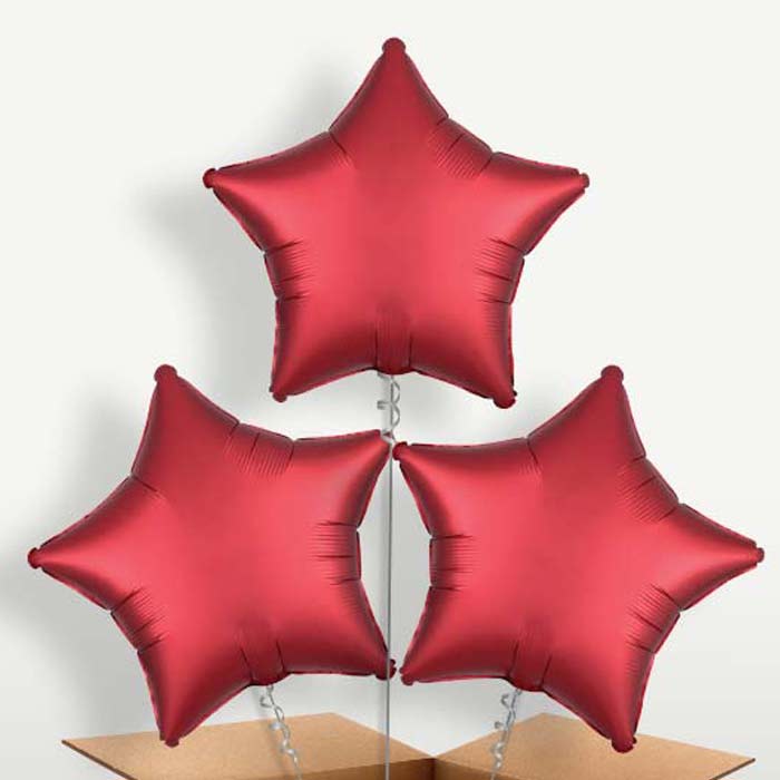 Red Satin Star Trio Balloon Bunch inflated with Helium | Party Save Smile