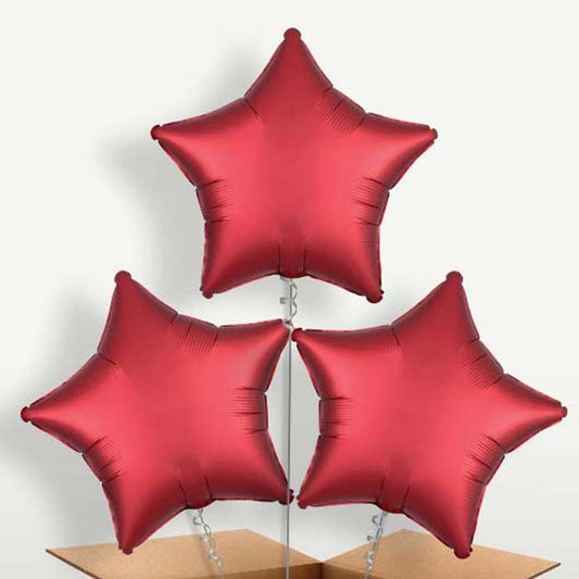 Red Satin Star Trio Balloon Bunch inflated with Helium | Party Save Smile