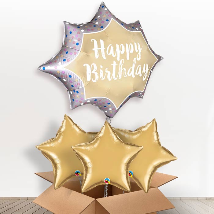 Satin Gold Burst Happy Birthday Helium Balloon in a Box - with 3 Plain Balloons | Party Save Smile