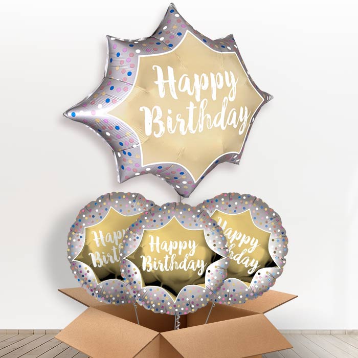 Satin Gold Burst Happy Birthday Helium Balloon in a Box - with 3 Themed Balloons | Party Save Smile