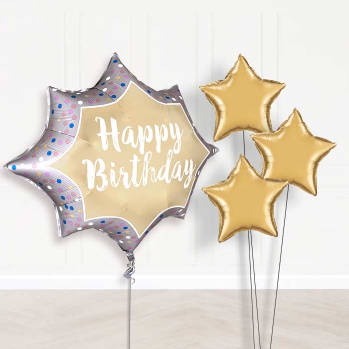 Satin Gold Burst Happy Birthday Balloon Bouquet Delivery - 1 x Giant Balloon with Plain Bouquet | Party Save Smile