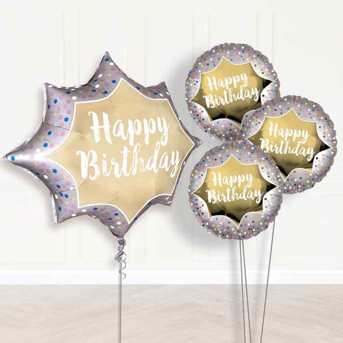 Satin Gold Burst Happy Birthday Balloon Bouquet Delivery - 1 x Giant Balloon with Themed Bouquet | Party Save Smile