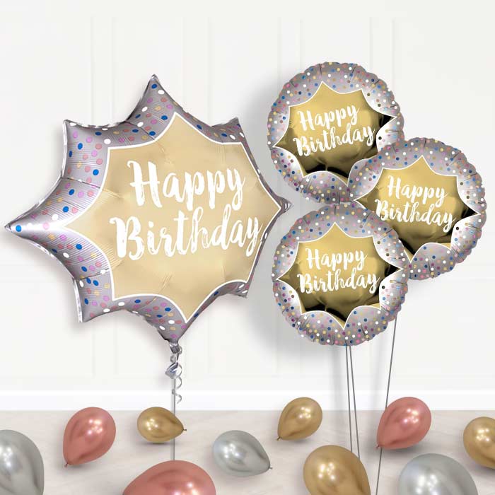 Satin Gold Burst Happy Birthday Balloon Bouquet Delivery - 1 x Giant Balloon with Themed Bouquet and Latex | Party Save Smile