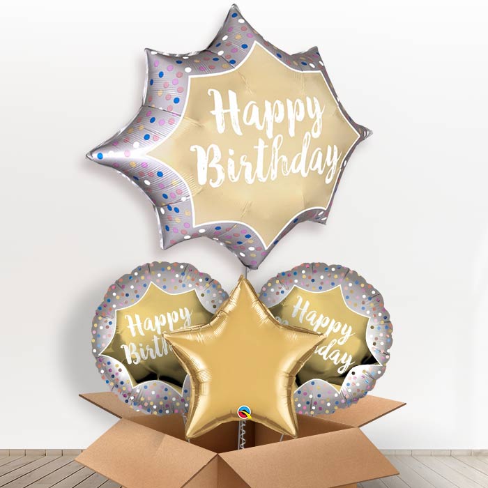 Satin Gold Burst Happy Birthday Helium Balloon in a Box-1 x Giant Balloon and 2 Themed Balloons and 1 Plain Balloon 