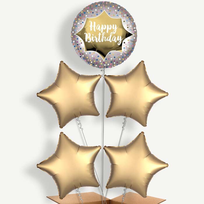 Happy Birthday Gold Balloon Cluster Inflated with Helium | Party Save Smile