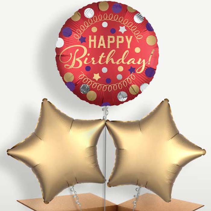 Red Satin Happy Birthday Trio Balloon Bunch | Party Save Smile