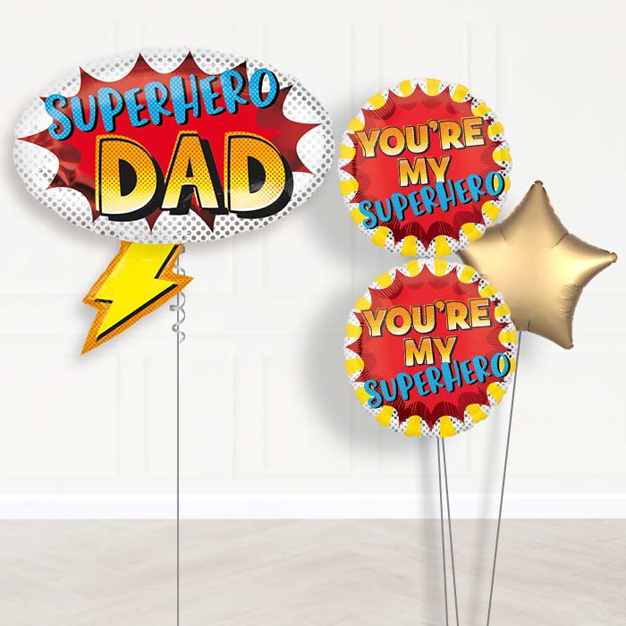 Superhero Dad Helium Balloon Bouquet Delivered Inflated-Giant Balloon + 2 Themed Balloons + 1 Plain Balloon 