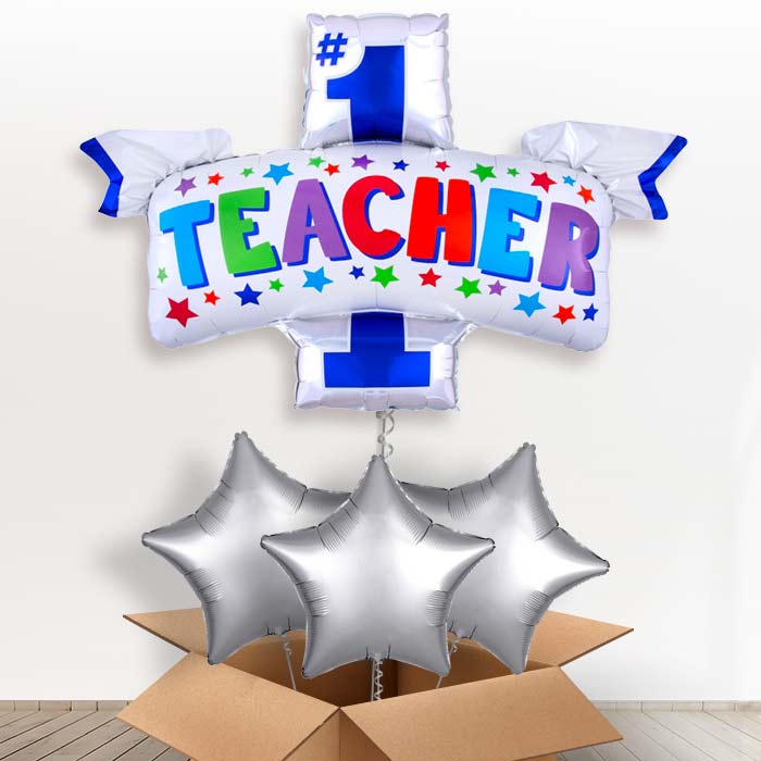 #1 Teacher Helium Balloon in a Box - with 3 Plain Balloons | Party Save Smile