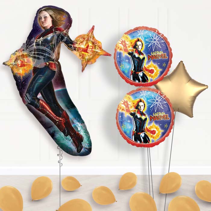 Captain Marvel Helium Balloons Bouquet-Giant Balloon + 2 Themed Balloons + 1 Plain Balloon + Mini Balloons 