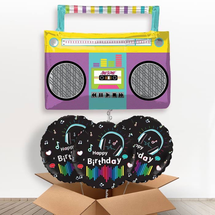 Giant Boombox Helium Balloon in a Box - With 3 Themed Balloons | Party Save Smile