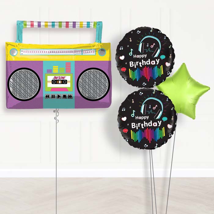 Giant Boombox Balloon Bouquet Delivery-Giant Balloon + 2 Themed Balloons + 1 Plain Balloon 
