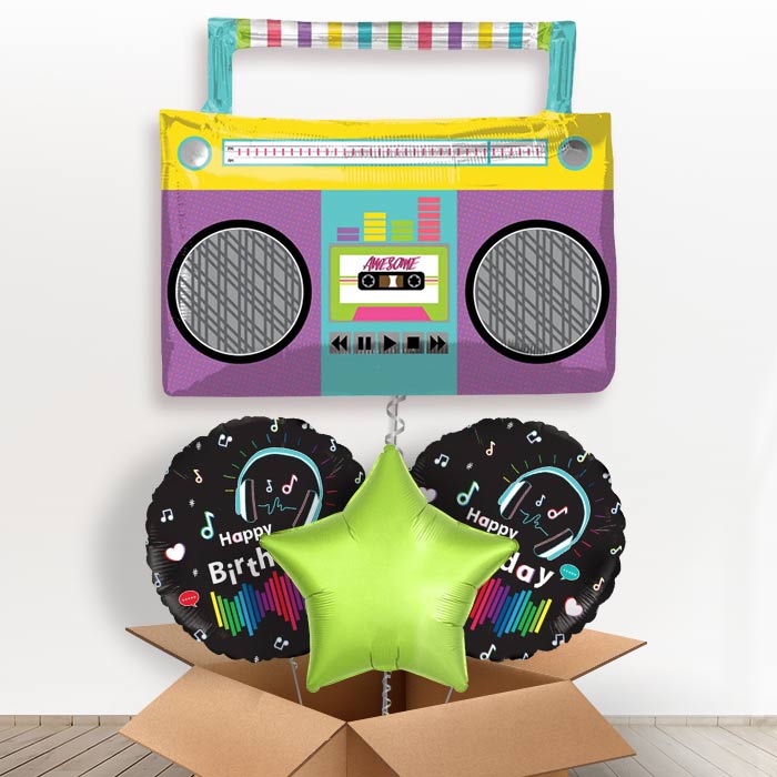 Giant Boombox Helium Balloon in a Box-1 x Giant Balloon and 2 Themed Balloons and 1 Plain Balloon 