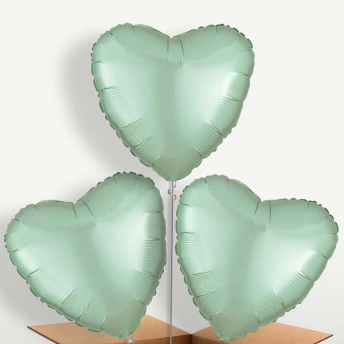 Mint Green Satin Heart Balloon Bunches inflated with Helium | Party Save Smile