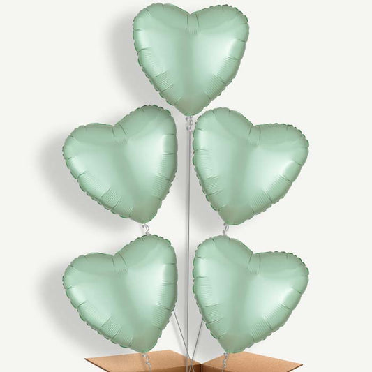Mint Green Satin Heart Balloon Clusters Inflated with Helium | Party Save Smile