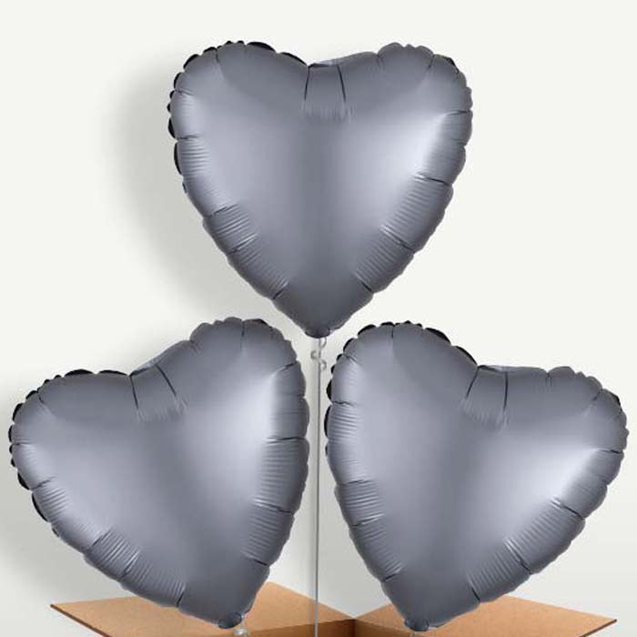 Graphite Grey Satin Heart Trio Balloon Bunch | Party Save Smile