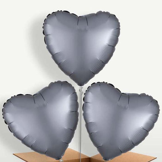 Graphite Grey Satin Heart Trio Balloon Bunch | Party Save Smile