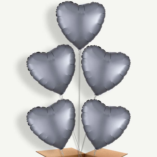 Graphite Grey Satin Heart Helium Cluster Balloons | Party Save Smile