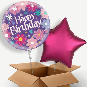Flowers Happy Birthday Helium Balloon Duo