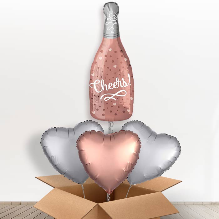 Cheers Rose Champagne Bottle Balloon in a Box Gift - With 3 Plain Balloons | Party Save Smile