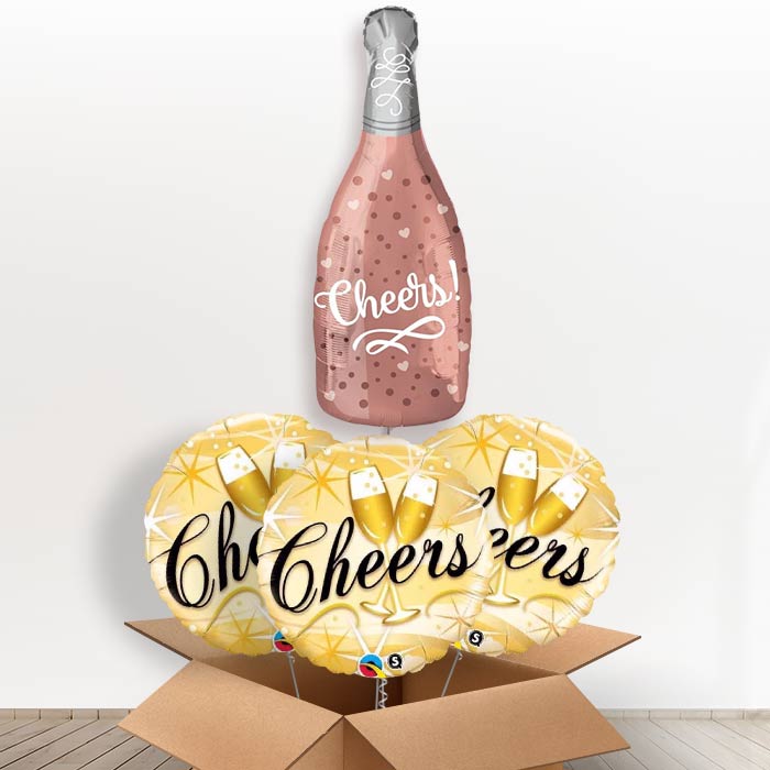 Cheers Rose Champagne Bottle Balloon in a Box Gift - With 3 Themed Balloons | Party Save Smile