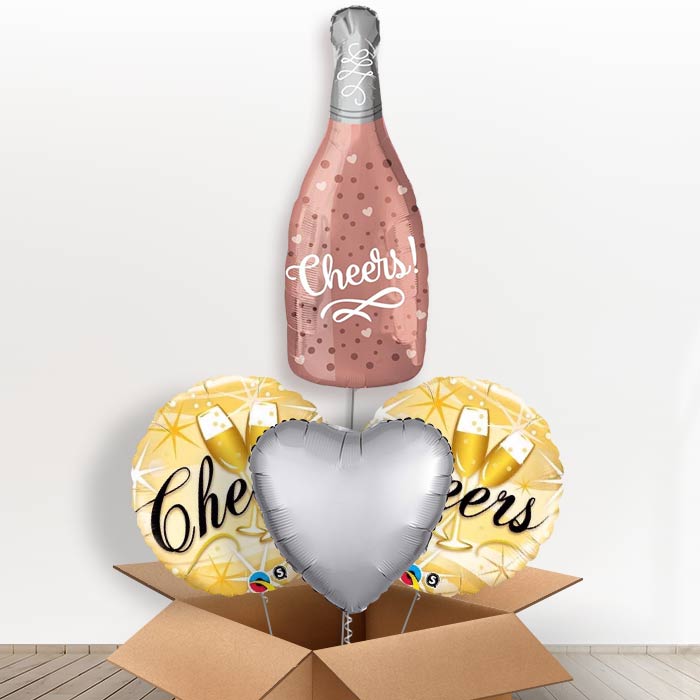 Cheers Rose Champagne Bottle Balloon in a Box Gift-1 x Giant Balloon and 2 Themed Balloons and 1 Plain Balloon 