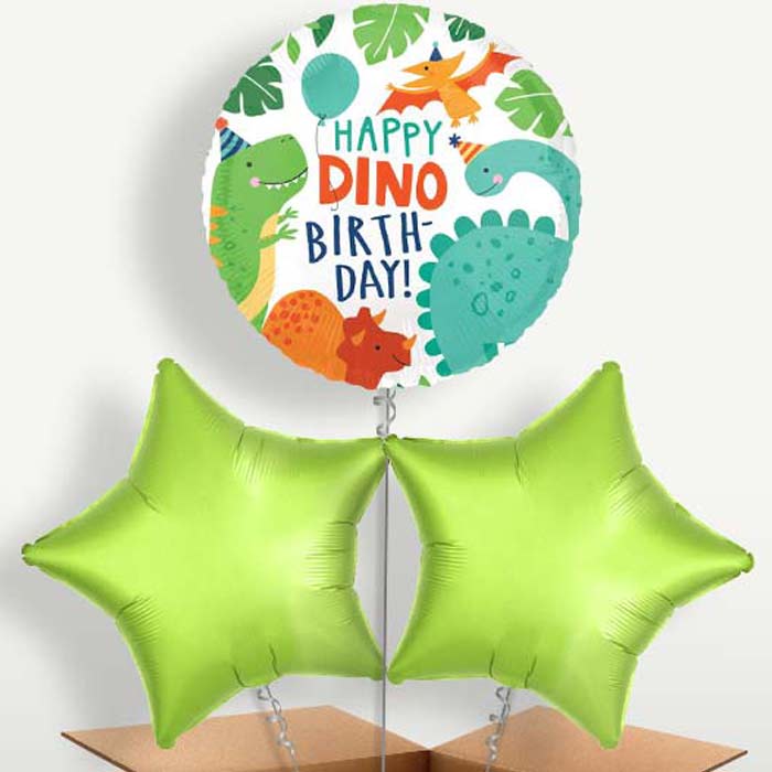 Happy Birthday Dino Balloons in a Bunch Inflated with Helium | Party Save Smile