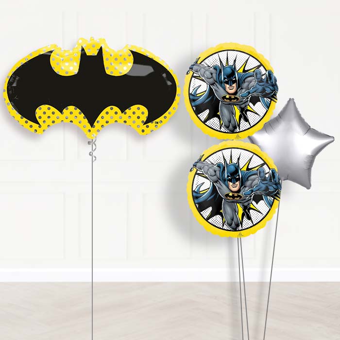 Batman Balloon Bouquet Delivery in a Box-Giant Balloon + 2 Themed Balloons + 1 Plain Balloon 