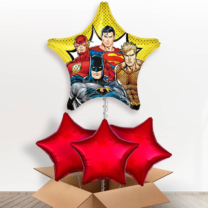 Star Shaped Justice League Helium Balloons in a Box Gift - With 3 Plain Balloons | Party Save Smile