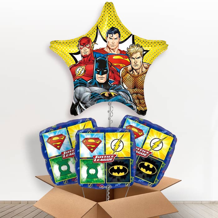 Star Shaped Justice League Helium Balloons in a Box Gift - With 3 Themed Balloons | Party Save Smile
