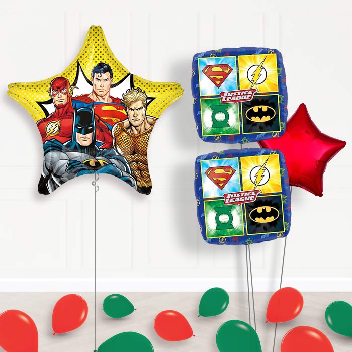 Justice League Supershape Balloon Bouquet-Giant Balloon + 2 Themed Balloons + 1 Plain Balloon + Mini Balloons 