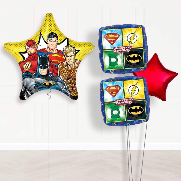 Justice League Supershape Balloon Bouquet-Giant Balloon + 2 Themed Balloons + 1 Plain Balloon 