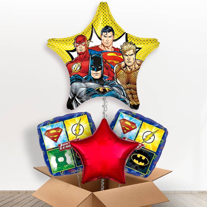 Star Shaped Justice League Helium Balloons in a Box Gift-1 x Giant Balloon and 2 Themed Balloons and 1 Plain Balloon 