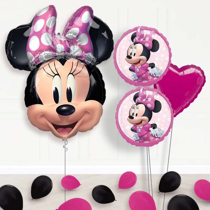 Minnie Mouse Helium Balloon Bouquet Delivered-Giant Balloon + 2 Themed Balloons + 1 Plain Balloon + Mini Balloons 