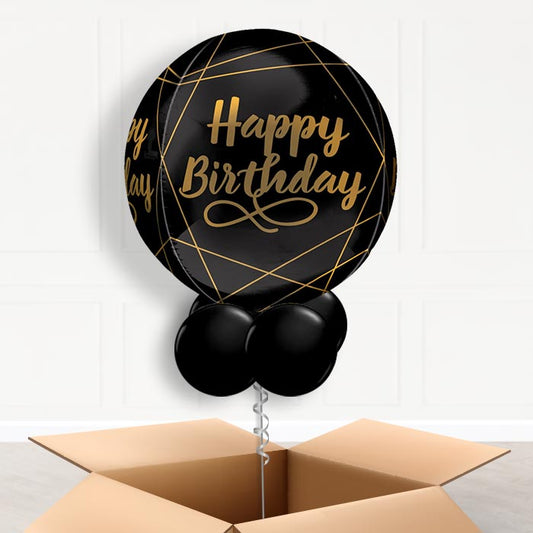 Black and Gold Happy Birthday Orbz Balloon in a Box - Orbz Balloon | Party Save Smile
