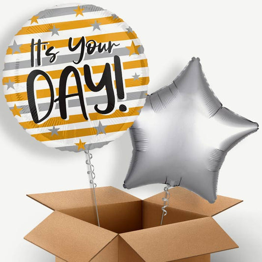 It's Your Day Gold & Silver Stripes Helium Balloon Pair | Party Save Smile