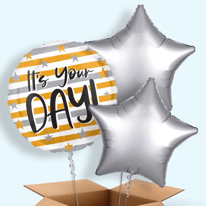 It's Your Day Gold & Silver Stripes Helium Balloon in a Box - 3 Balloons | Party Save Smile