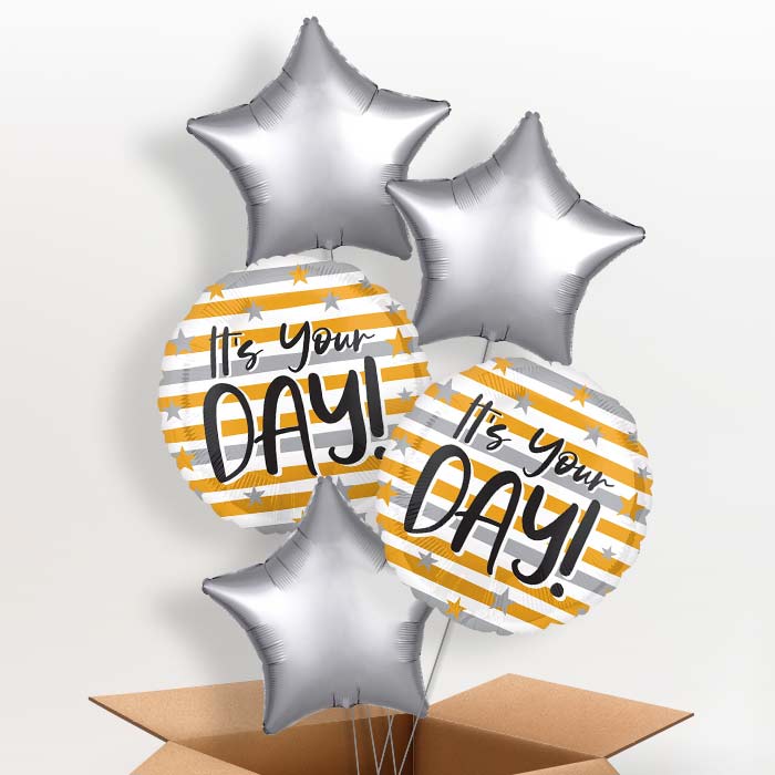 It's Your Day Gold & Silver Stripes Helium Balloon in a Box - 5 Balloons | Party Save Smile