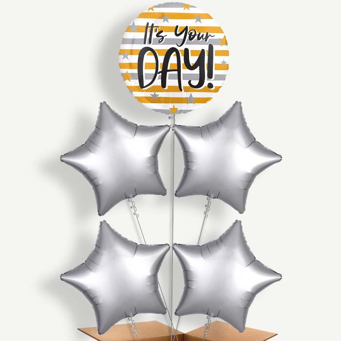 It's Your Day Gold & Silver Stripes Helium Cluster Balloons | Party Save Smile