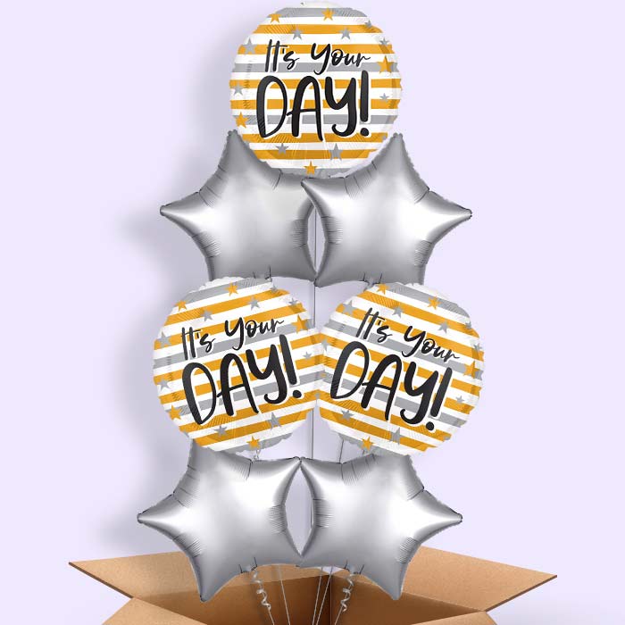 It's Your Day Gold & Silver Stripes Helium Balloon in a Box - 7 Balloons | Party Save Smile