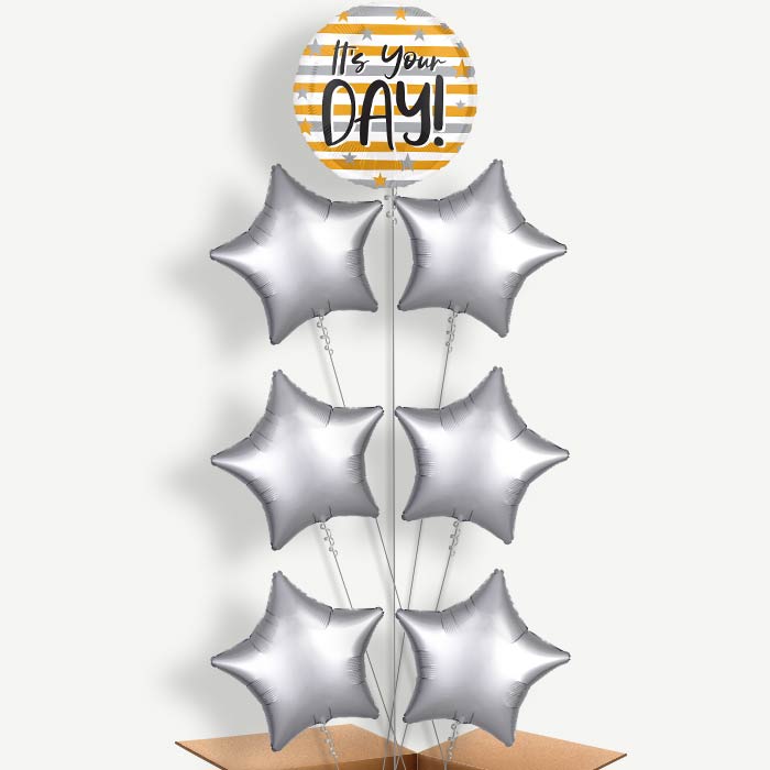 It's Your Day Gold & Silver Stripes Helium Balloon Arrangement | Party Save Smile