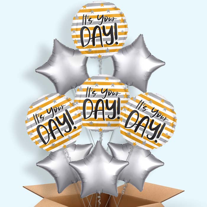 It's Your Day Gold & Silver Stripes Helium Balloon in a Box - 9 Balloons | Party Save Smile