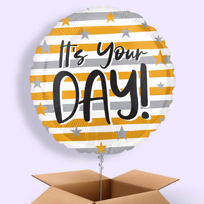 It's Your Day Gold & Silver Stripes Helium Balloon in a Box - 1 Balloon | Party Save Smile