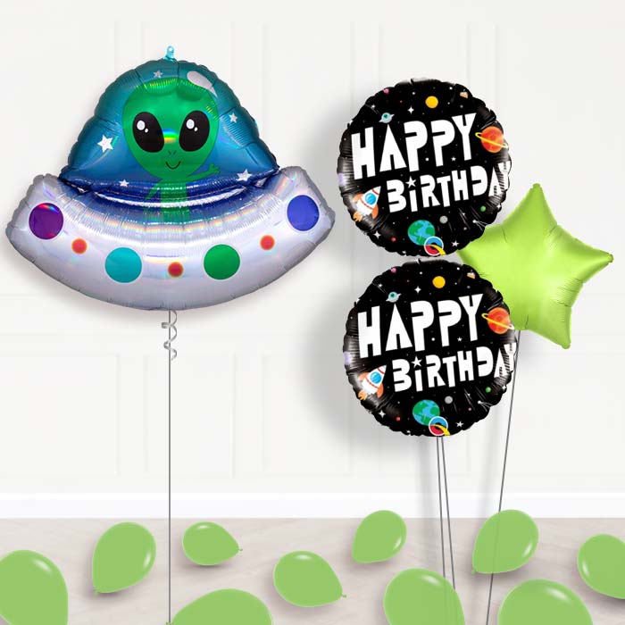 Alien Spaceship Balloon Bouquet Delivery-Giant Balloon + 2 Themed Balloons + 1 Plain Balloon + Mini Balloons 