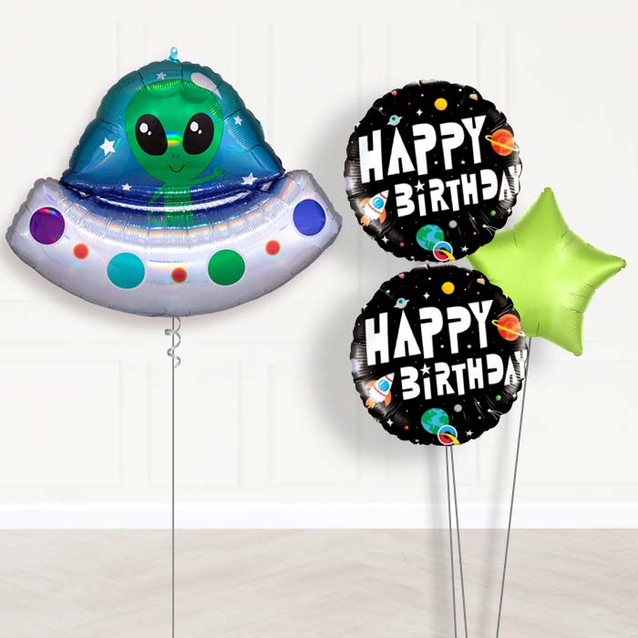 Alien Spaceship Balloon Bouquet Delivery-Giant Balloon + 2 Themed Balloons + 1 Plain Balloon 