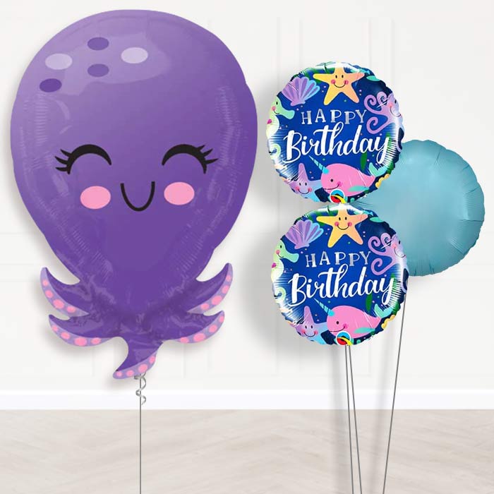 Octopus Helium Balloon Bouquet Delivered-Giant Balloon + 2 Themed Balloons + 1 Plain Balloon 